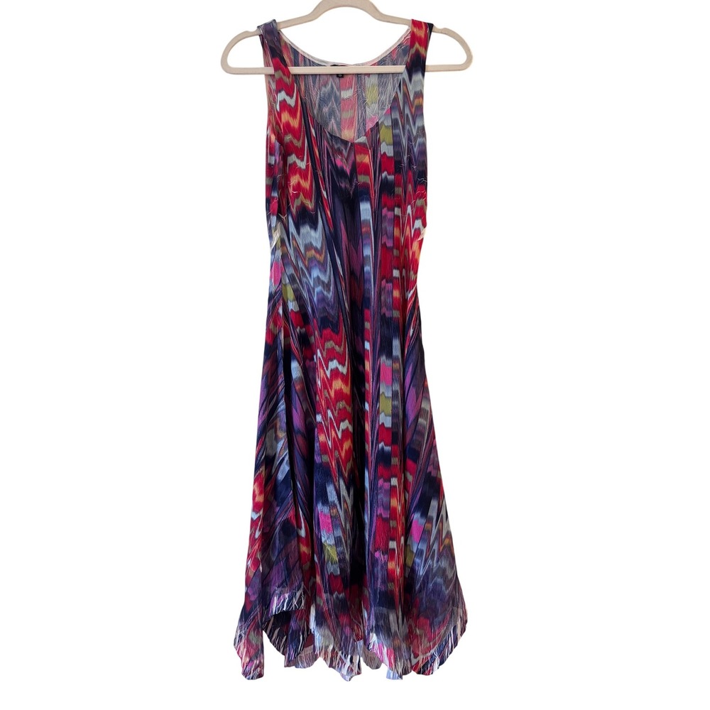 Komarov Multicolored Abstract Zig Zag Crinkle Handkerchief Midi Dress Small